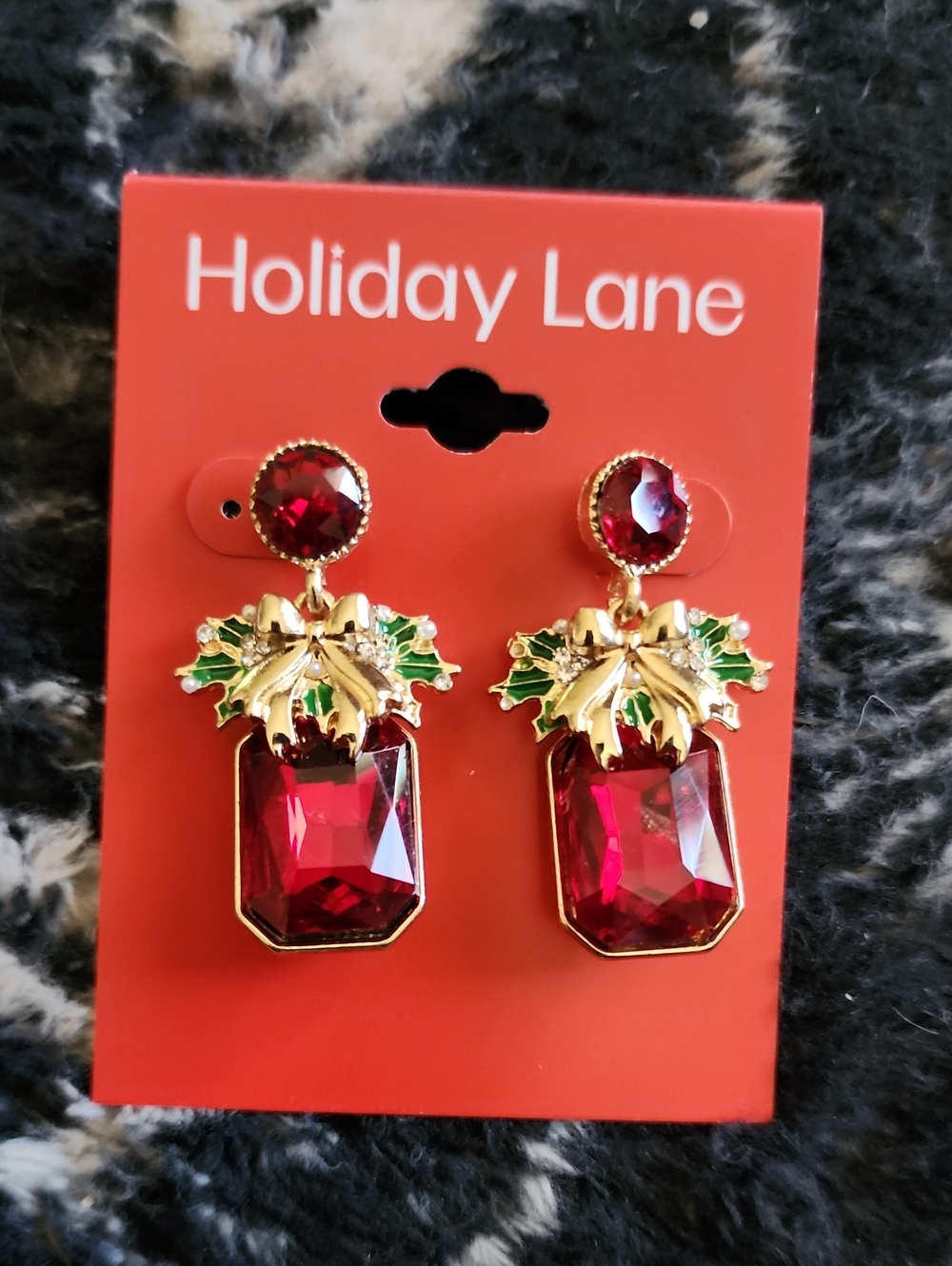 Holiday Lane Red & Gold Drop Earrings with Green Accent